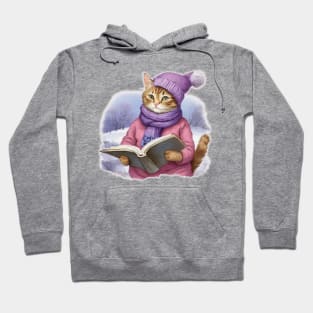 Adorable Cute Cat Read A Book wearing a  purple hat and scarf Hoodie